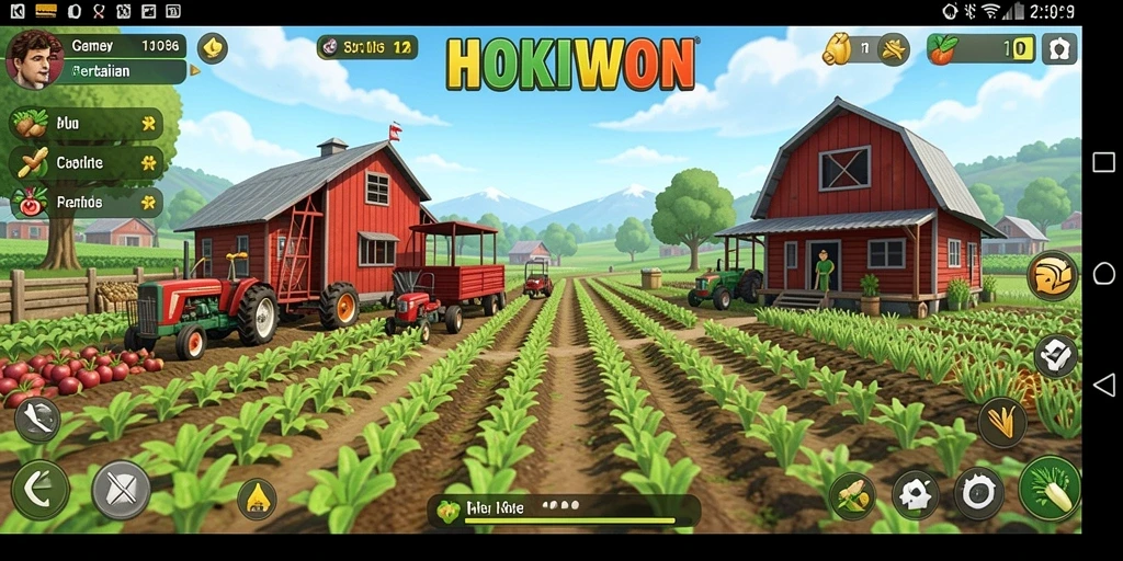 Screenshot gameplay HOKIWON menunjukkan aktivitas bertani yang seru.