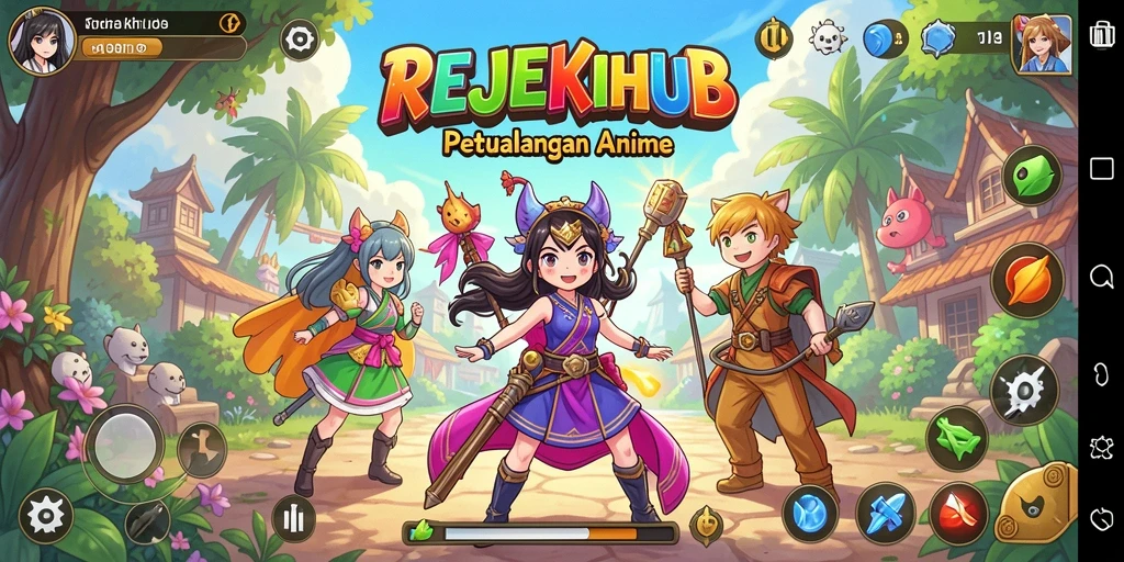 Tampilan gameplay menarik dengan karakter anime berwarna-warni.