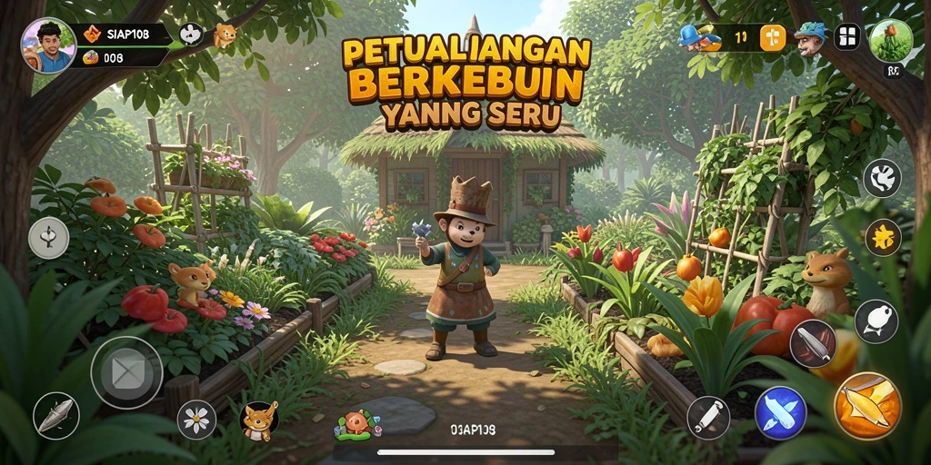Tampilan gameplay <strong>SIAP108</strong> dengan kebun yang subur dan tanaman beragam.