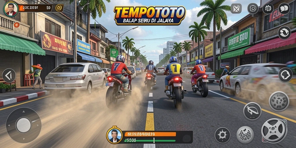 Screenshot gameplay TEMPOTOTO menampilkan mobil balap melaju kencang di trek.